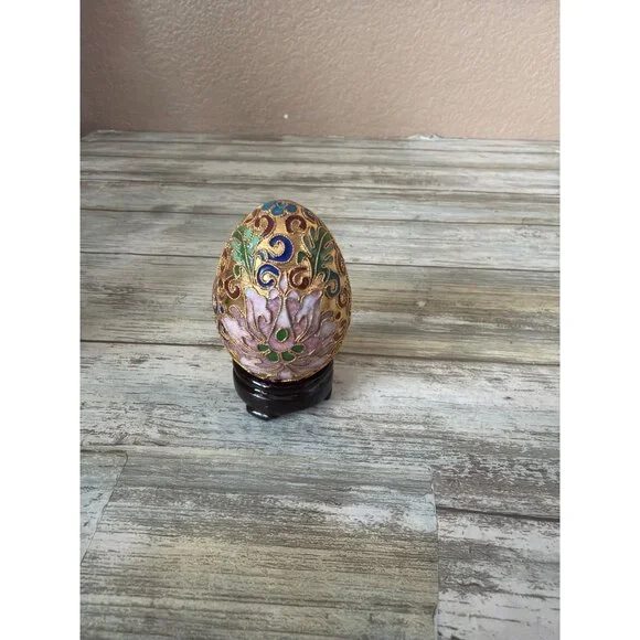 Set of 3 Asian Cloisonné Enamel Floral Eggs w/Wooden Stands Vintage Pre-owned - Picture 4 of 12